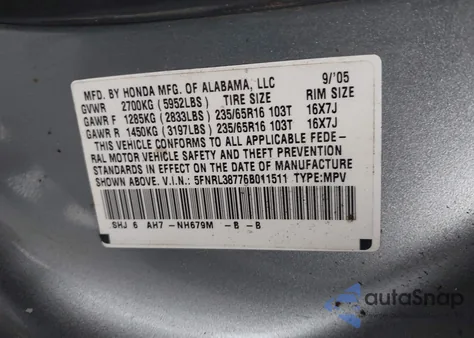 2006 Honda Odyssey Ex-L from USA, damaged, VIN 5FNRL38776B011511